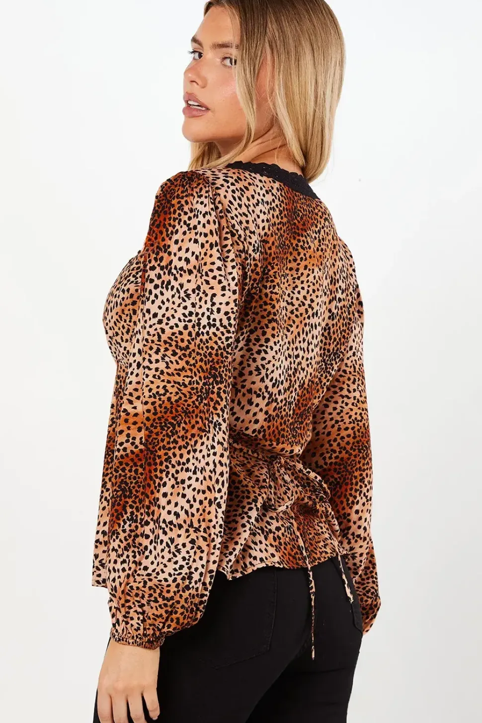 Animal Sleeve Lace Trim Button Front Tea Blouse