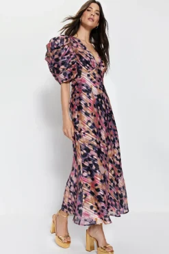 Animal Spot Print Puff Sleeve V Neck Dress