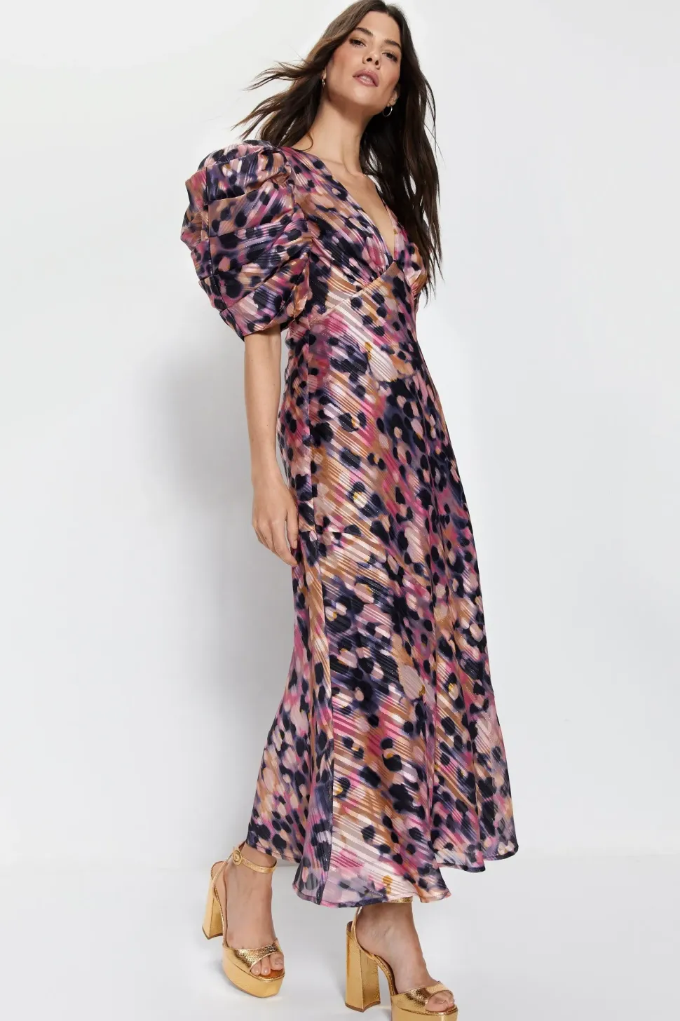 Animal Spot Print Puff Sleeve V Neck Dress