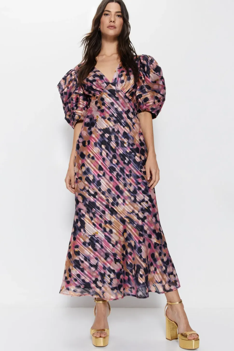 Animal Spot Print Puff Sleeve V Neck Dress