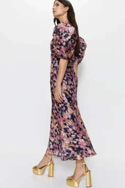 Animal Spot Print Puff Sleeve V Neck Dress