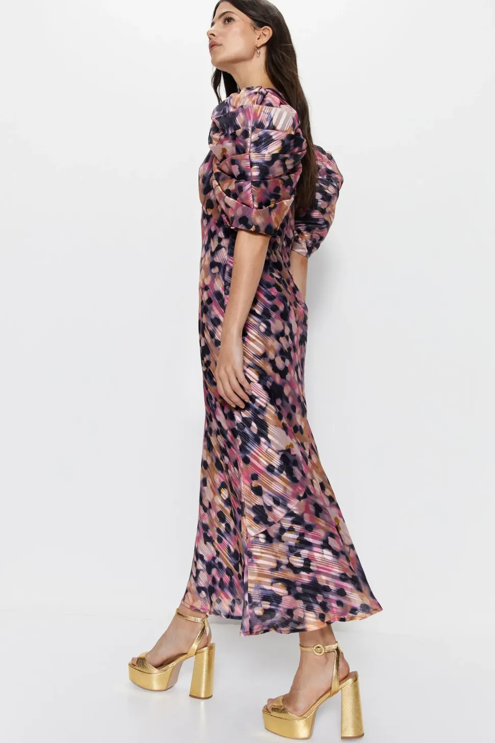 Animal Spot Print Puff Sleeve V Neck Dress