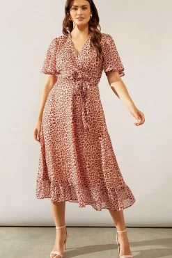 Animal Texture Wrap Flutter Sleeve Midi Dress