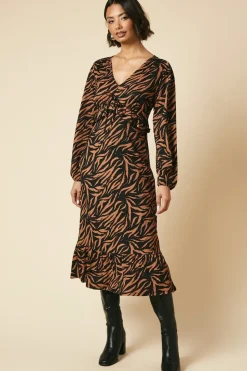 Animal Tie Front Ruffle Bust Long Sleeve Midi Dress