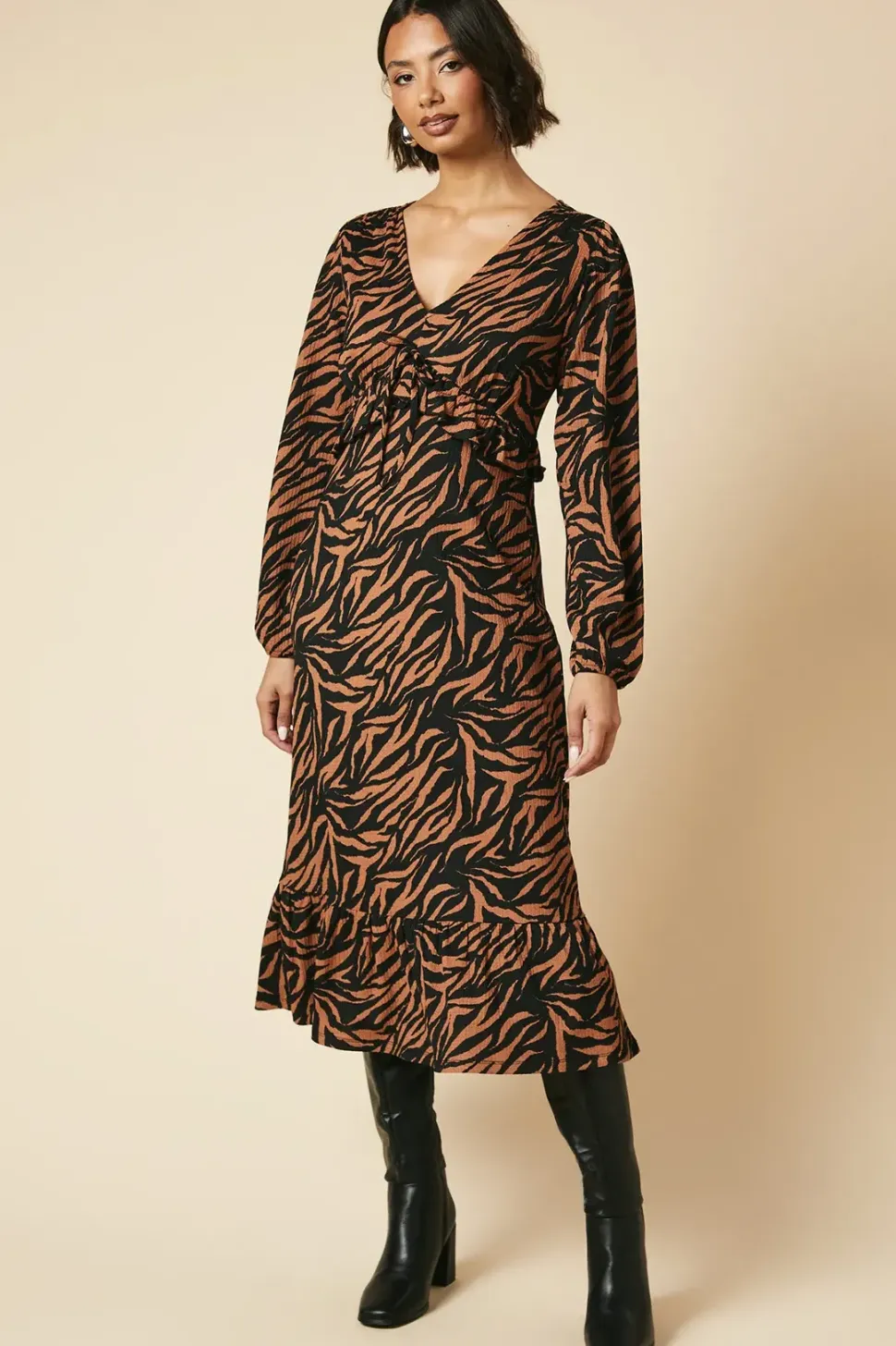 Animal Tie Front Ruffle Bust Long Sleeve Midi Dress