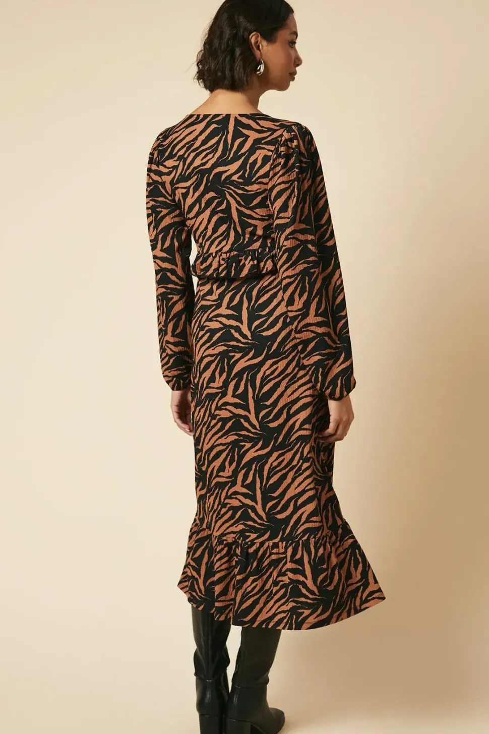 Animal Tie Front Ruffle Bust Long Sleeve Midi Dress