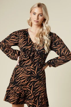 Animal Tie Front Ruffle Bust Long Sleeve Mini Dress