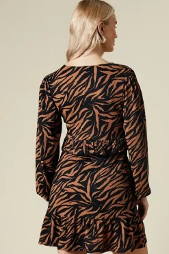 Animal Tie Front Ruffle Bust Long Sleeve Mini Dress