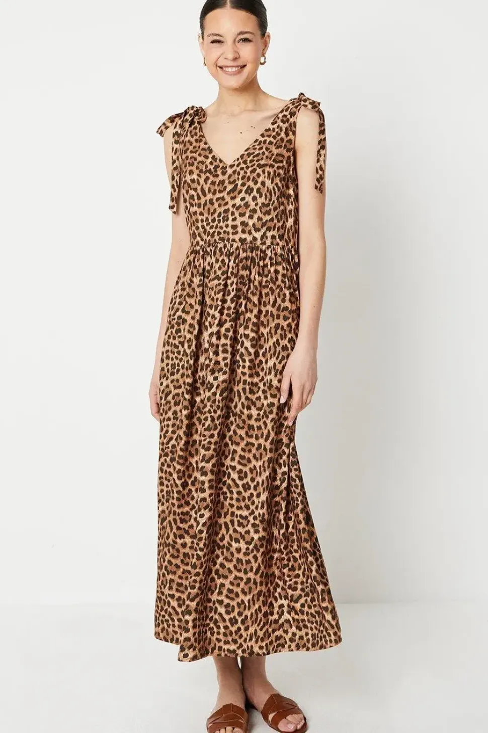 Animal Tie Shoulder V Neck Midi Dress