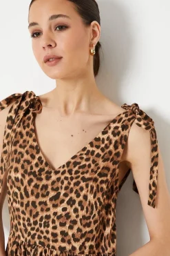 Animal Tie Shoulder V Neck Midi Dress