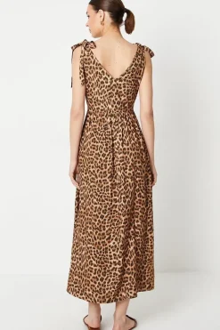 Animal Tie Shoulder V Neck Midi Dress