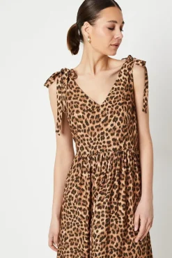 Animal Tie Shoulder V Neck Midi Dress