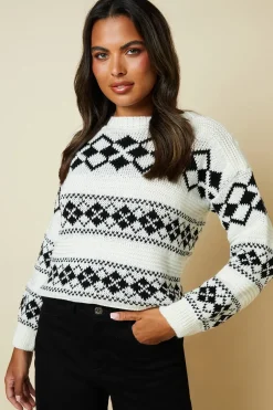 Argyle Striped Ribbed Crew Neck Jumper