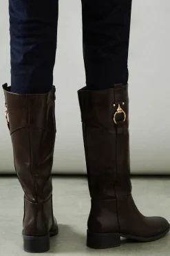 Aria Faux Leather Trim Detail Medium Block Heel Riding Knee Boot