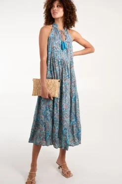 Art Tie Neck Smock Maxi Dress