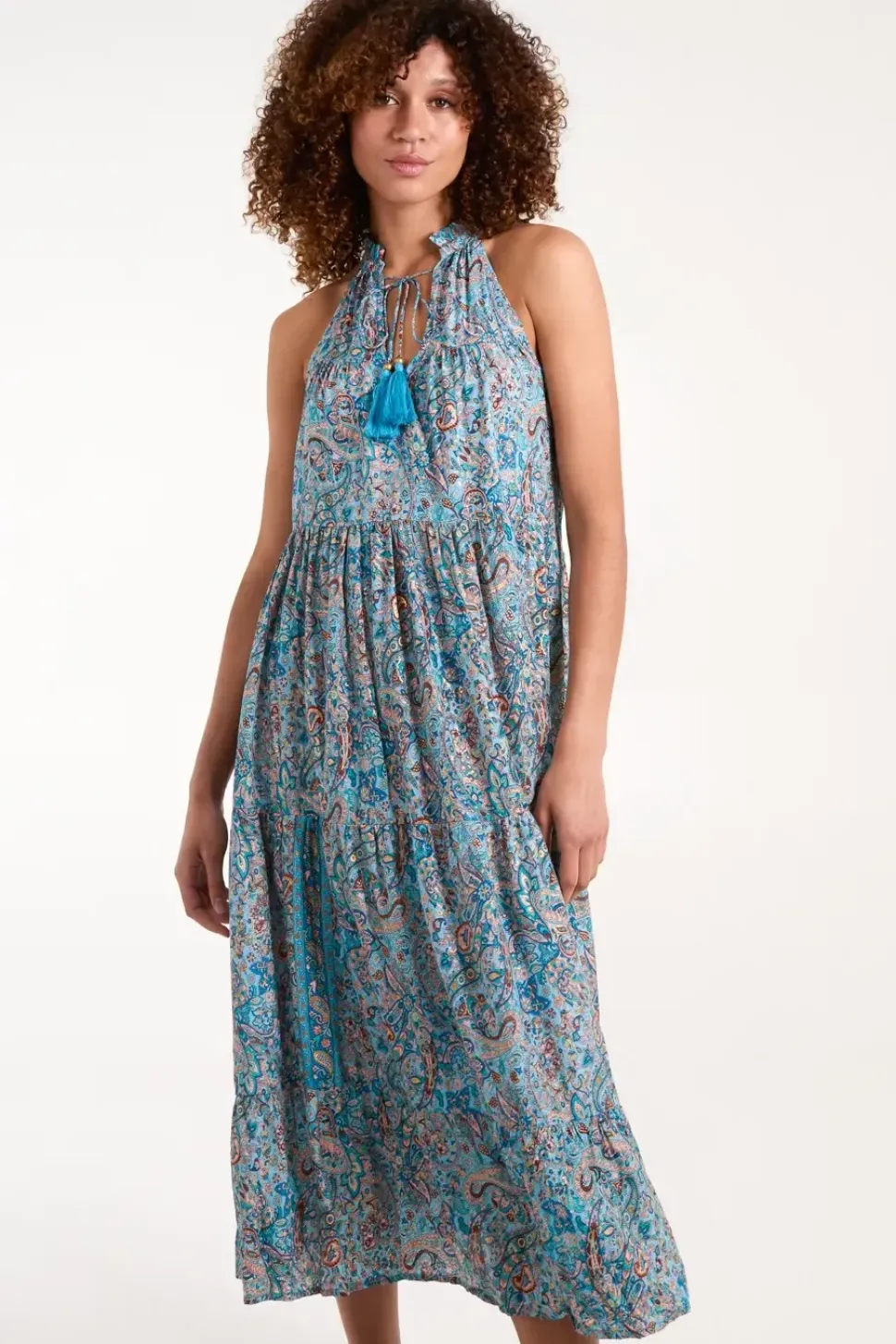 Art Tie Neck Smock Maxi Dress