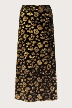 Arwen Sequin Leopard Velvet Midi Skirt Black