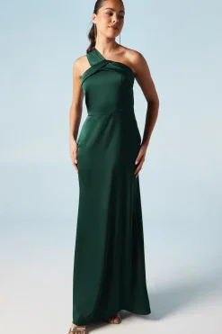 Asymmetric Neckline Satin Bridesmaids Maxi Dress