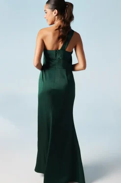 Asymmetric Neckline Satin Bridesmaids Maxi Dress