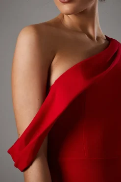 Asymmetric Neckline Scuba Crepe Black Tie Dress