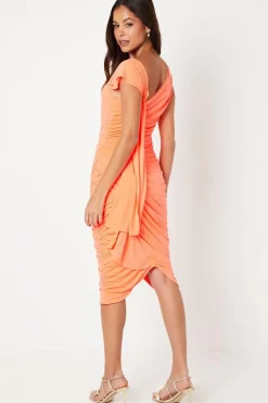 Asymmetric Ruched Jersey Dress With Black Ruffle
