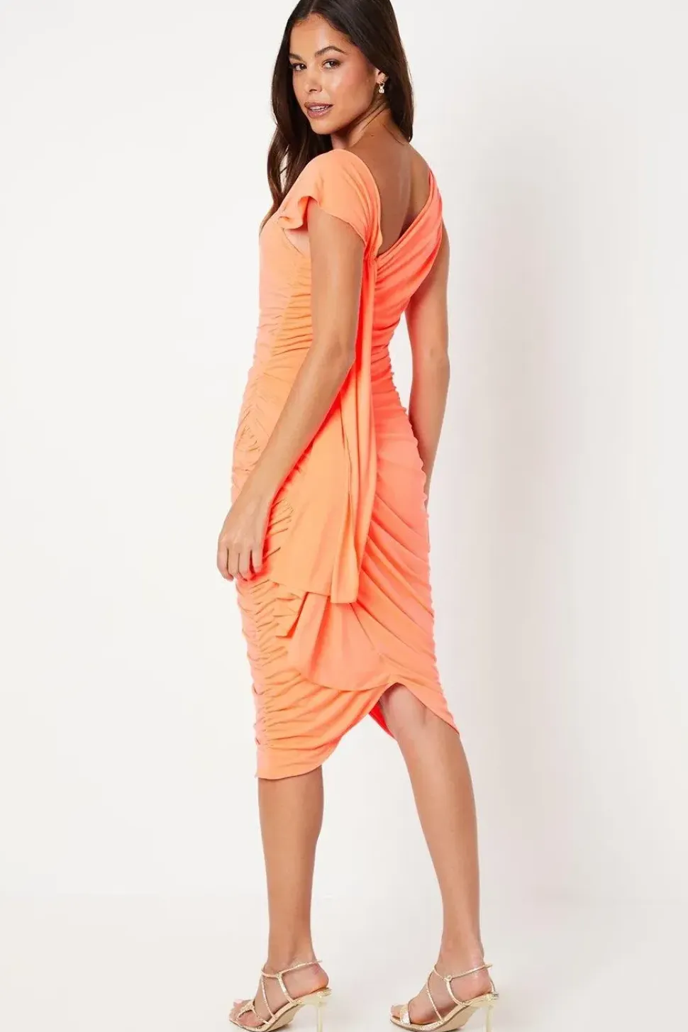 Asymmetric Ruched Jersey Dress With Black Ruffle