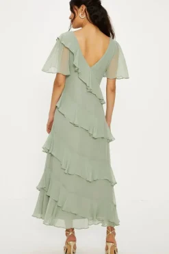 Asymmetric Ruffle Tiered Angel Sleeve Midi Dress