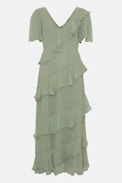 Asymmetric Ruffle Tiered Angel Sleeve Midi Dress