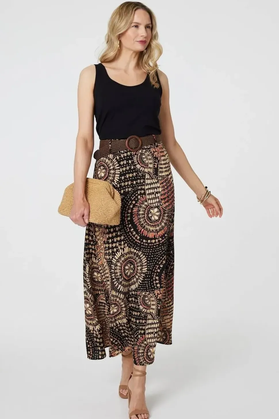 Aztec Print A-Line Belt Maxi Skirt