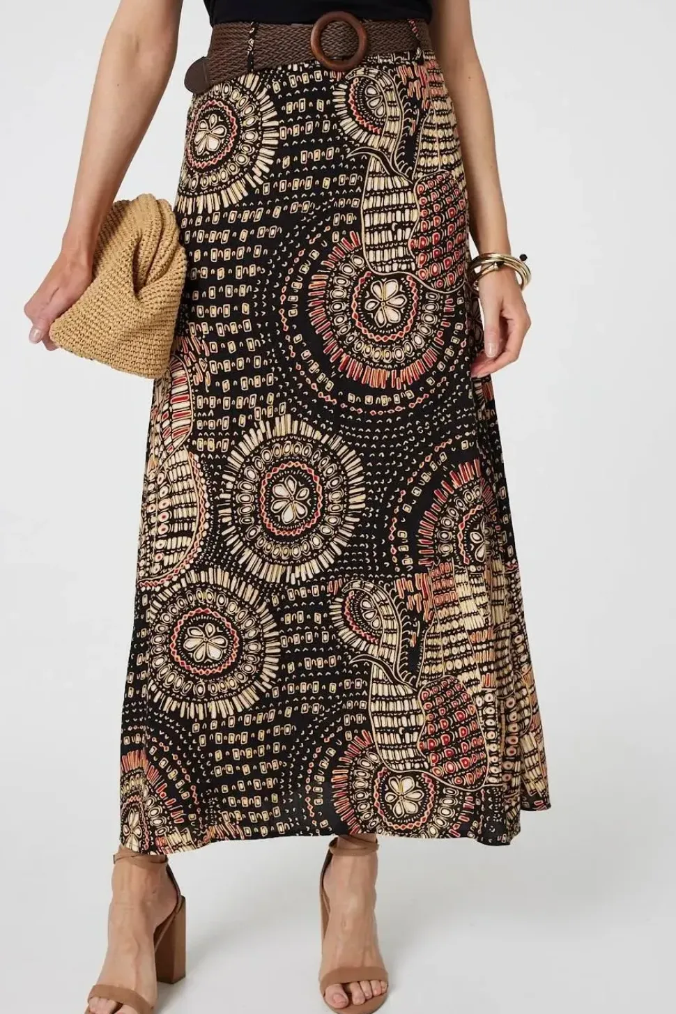 Aztec Print A-Line Belt Maxi Skirt