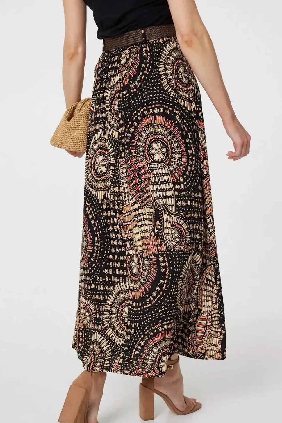 Aztec Print A-Line Belt Maxi Skirt