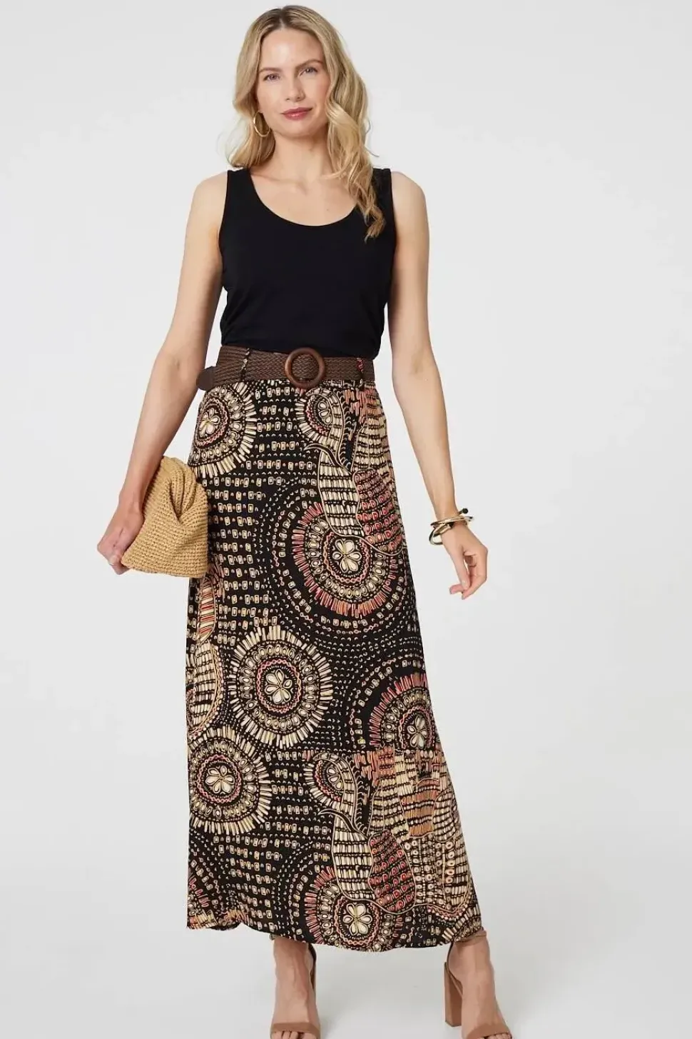 Aztec Print A-Line Belt Maxi Skirt