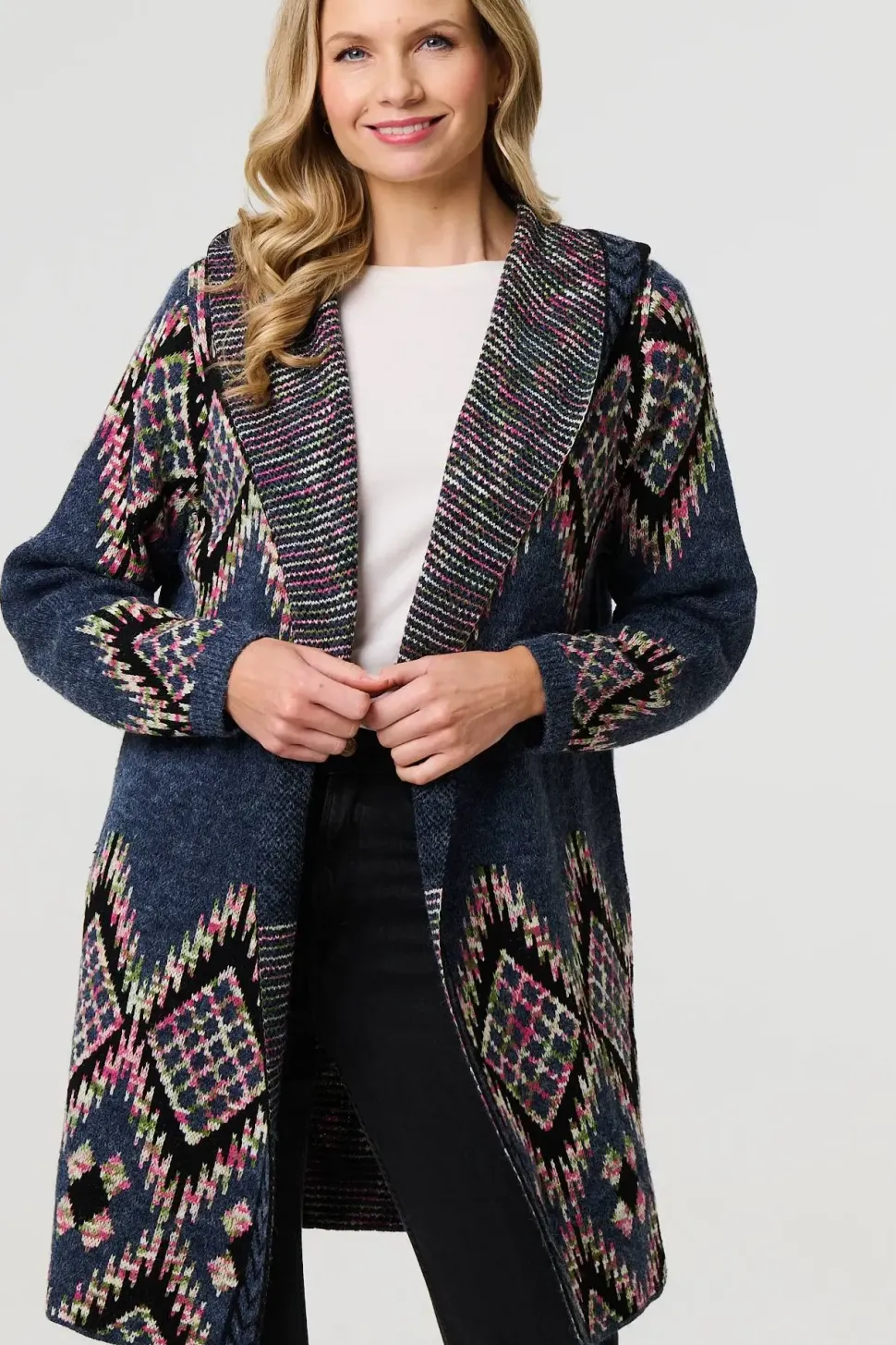 Aztec Print Longline Hooded Knit Jacket
