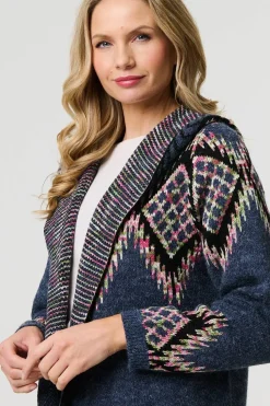 Aztec Print Longline Hooded Knit Jacket