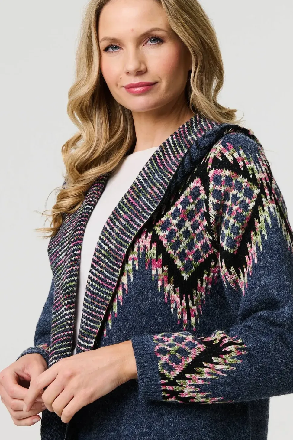 Aztec Print Longline Hooded Knit Jacket