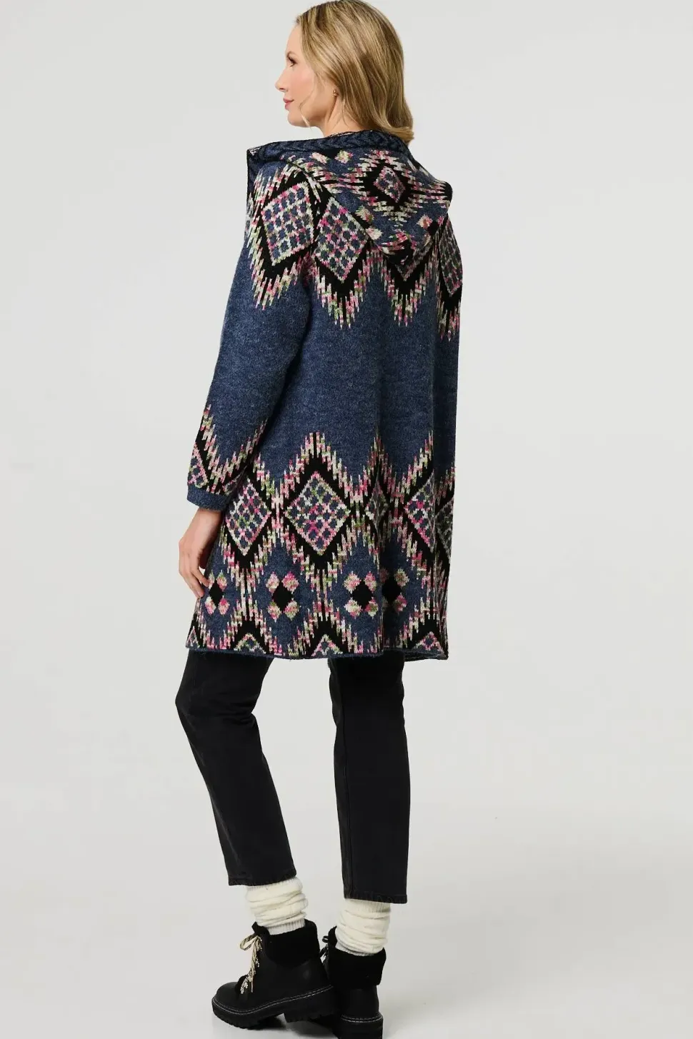 Aztec Print Longline Hooded Knit Jacket