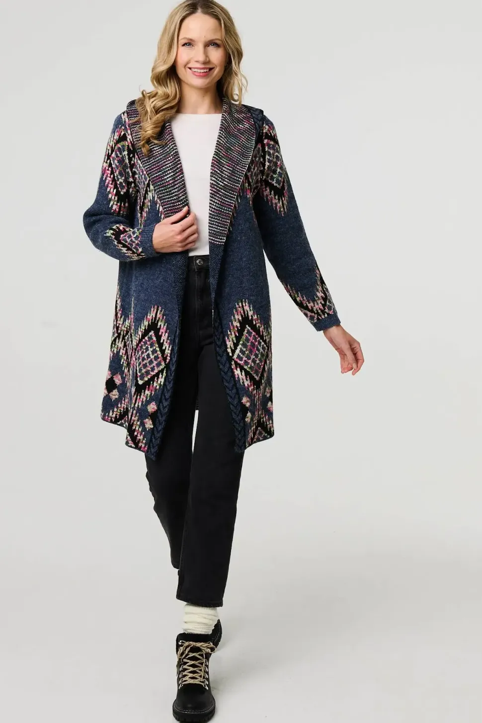 Aztec Print Longline Hooded Knit Jacket