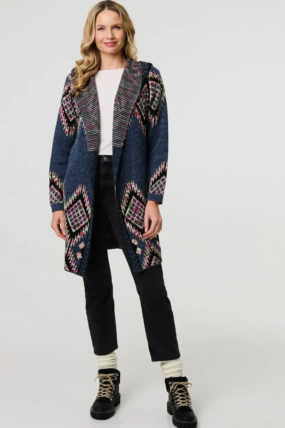 Aztec Print Longline Hooded Knit Jacket