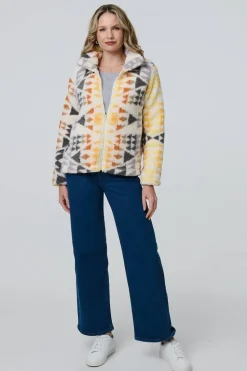 Aztec Print Relaxed Teddy Fur Jacket