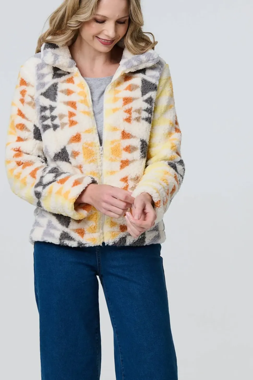 Aztec Print Relaxed Teddy Fur Jacket