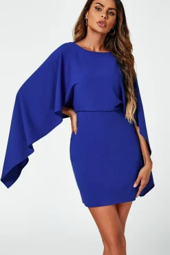Back Detail Mini Dress With Cape In Blue