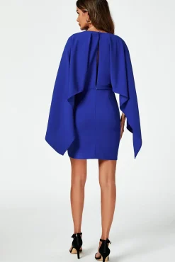 Back Detail Mini Dress With Cape In Blue