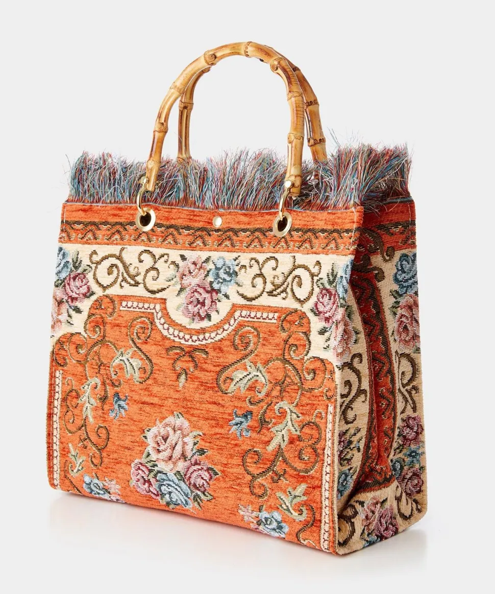 Bamboo Handle Vintage Floral Print Fringed Carpet Bag