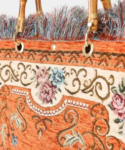 Bamboo Handle Vintage Floral Print Fringed Carpet Bag