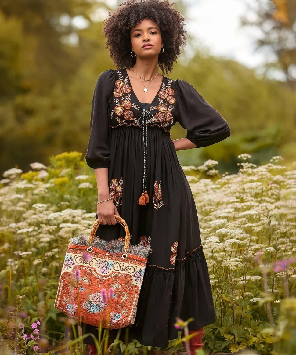 Bamboo Handle Vintage Floral Print Fringed Carpet Bag