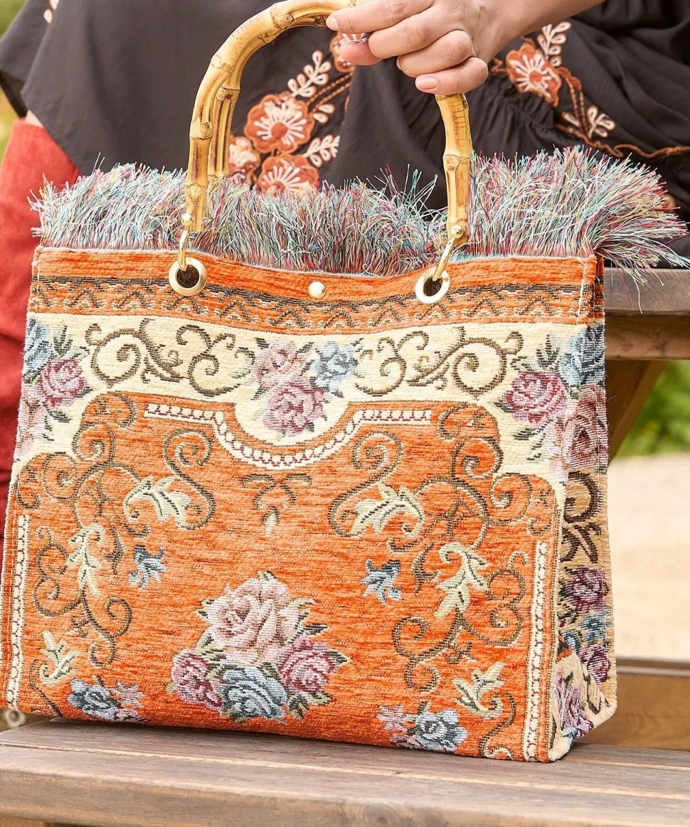 Bamboo Handle Vintage Floral Print Fringed Carpet Bag