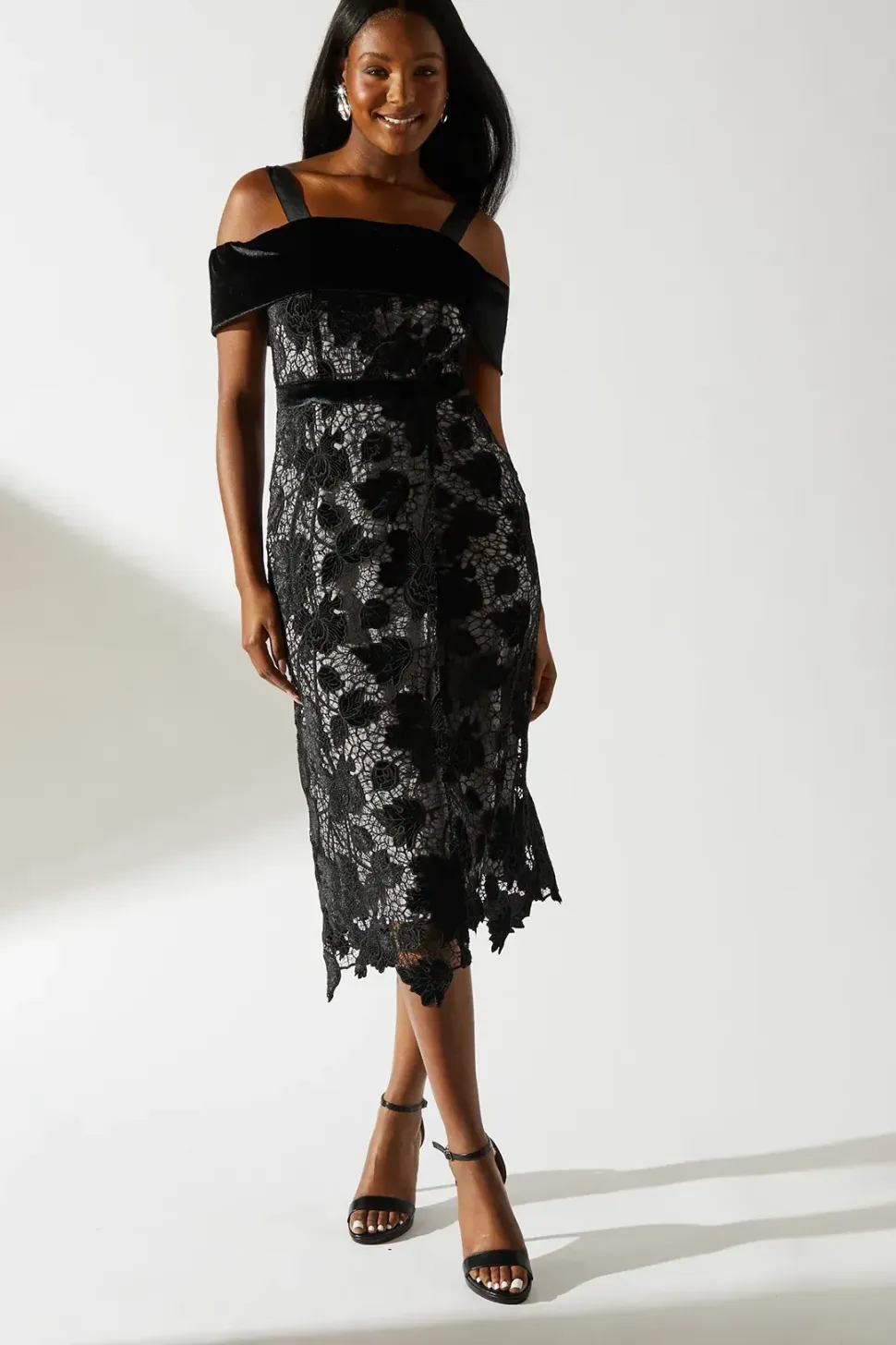 Bardot Detail Velvet Lace Pencil Dress With Contrast Lining