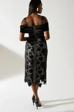 Bardot Detail Velvet Lace Pencil Dress With Contrast Lining