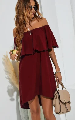 Bardot Frill Off Shoulder Mini Dress In Wine Red