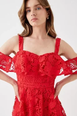 Bardot Frill Top Lace Midi Dress